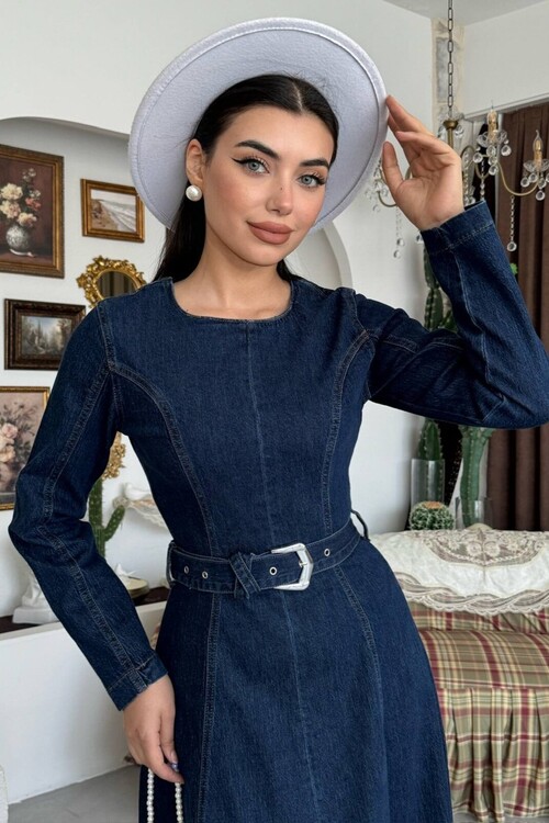 Junsa Kemer Detaylı Denim Elbise