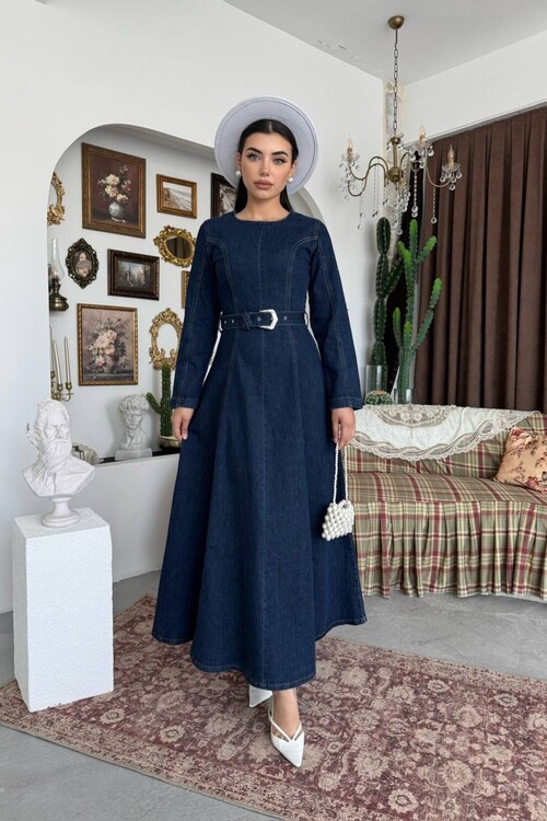 Junsa Kemer Detaylı Denim Elbise