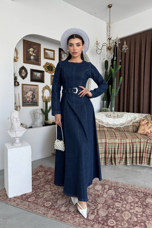 Junsa Kemer Detaylı Denim Elbise