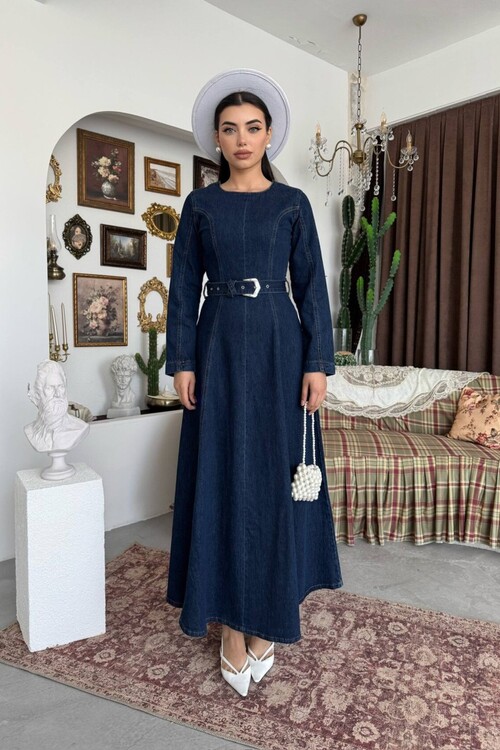 Junsa Kemer Detaylı Denim Elbise