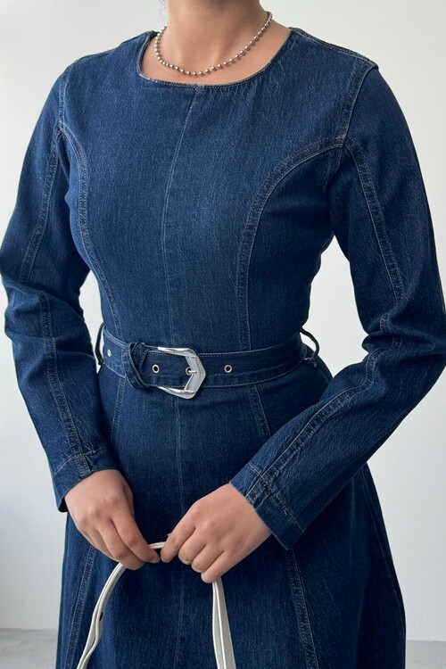 Junsa Kemer Detaylı Denim Elbise
