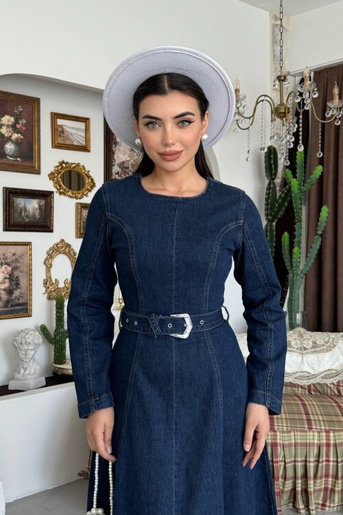 Junsa Kemer Detaylı Denim Elbise