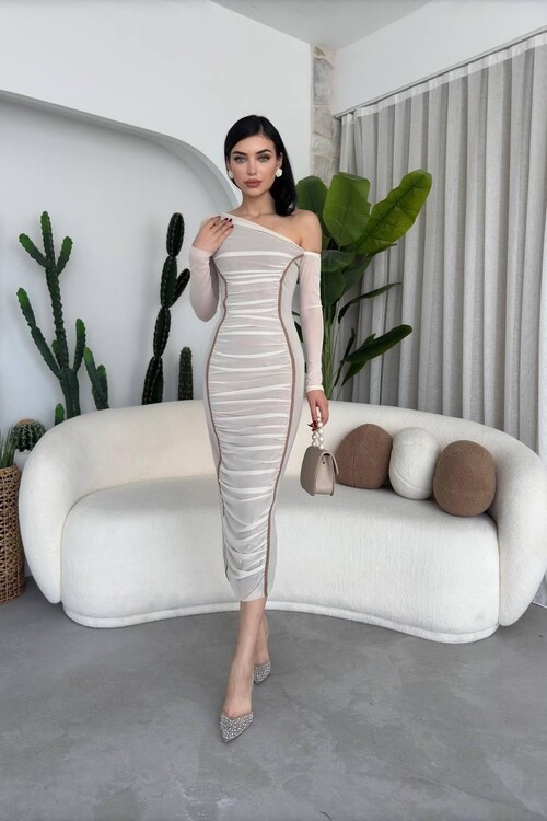 Violet Omuz Detaylı Elbise