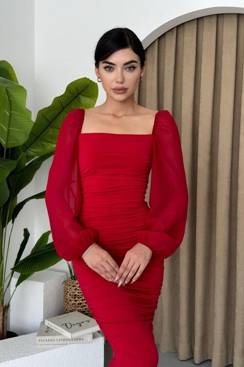 Engla Dress with Tulle Sleeves and Detail