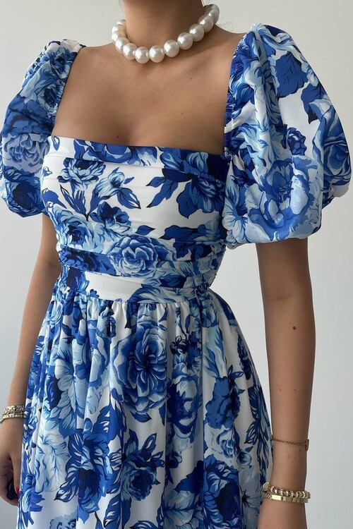 Kassel Kare Yaka Kısa Kollu Elbise