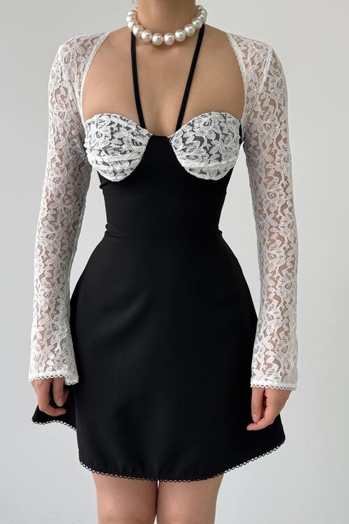 KOL VE GÖĞÜS LEZ DANTEL BEDEN ATLAS KUMAŞ GLOPLU ELBİSE