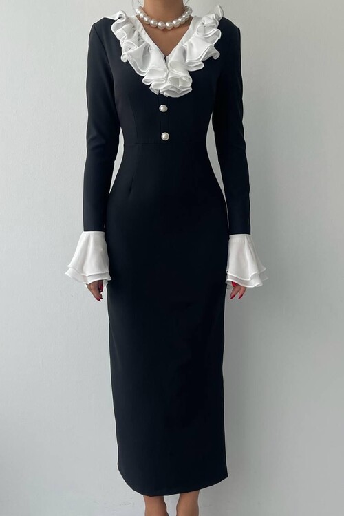 Liplan Collar Ruffle Midi Dress