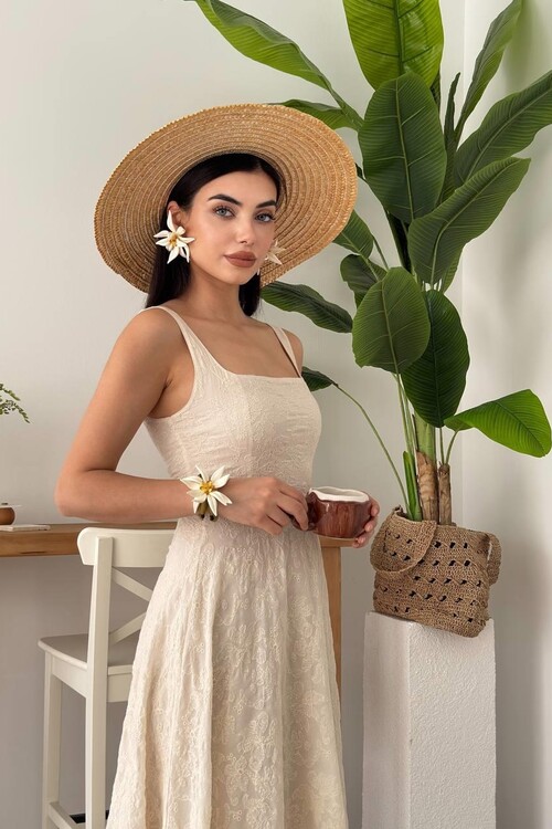 Cuper Çiçek Detaylı Elbise