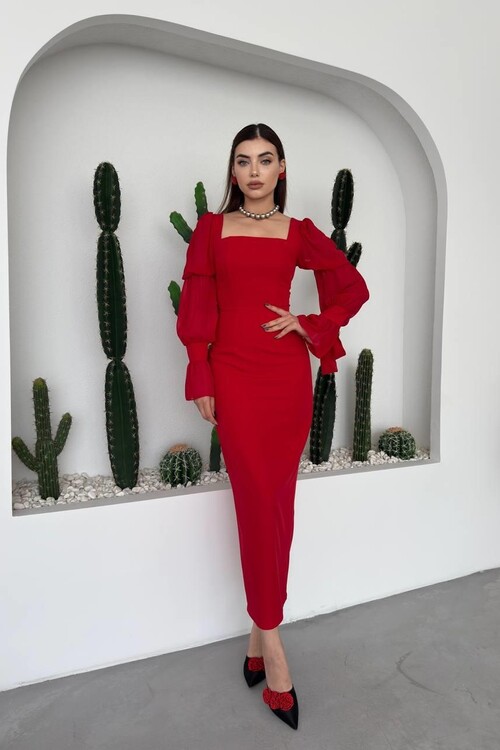 Hare Kolları Fırfır Detaylı Elbise