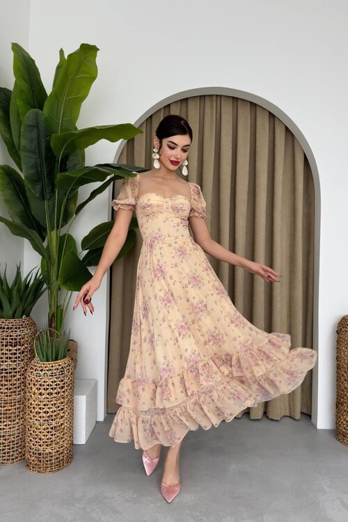 ŞİFON KUMAŞ DİJİTAL DESEN BASKILI ELBİSE