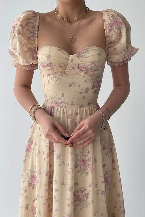 ŞİFON KUMAŞ DİJİTAL DESEN BASKILI ELBİSE