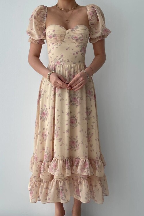 ŞİFON KUMAŞ DİJİTAL DESEN BASKILI ELBİSE