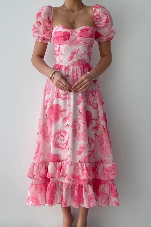 ŞİFON KUMAŞ DİJİTAL DESEN BASKILI ELBİSE