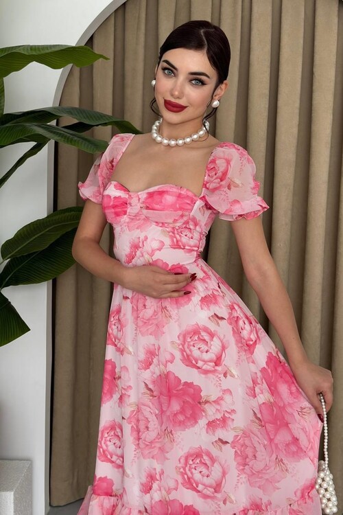 ŞİFON KUMAŞ DİJİTAL DESEN BASKILI ELBİSE