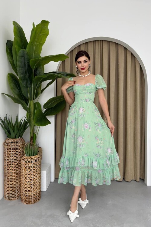 ŞİFON KUMAŞ DİJİTAL DESEN BASKILI ELBİSE