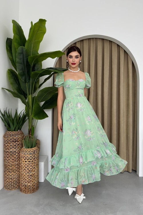 ŞİFON KUMAŞ DİJİTAL DESEN BASKILI ELBİSE