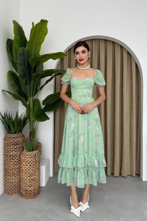 ŞİFON KUMAŞ DİJİTAL DESEN BASKILI ELBİSE