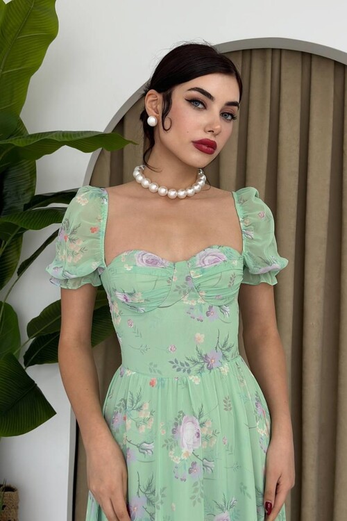ŞİFON KUMAŞ DİJİTAL DESEN BASKILI ELBİSE