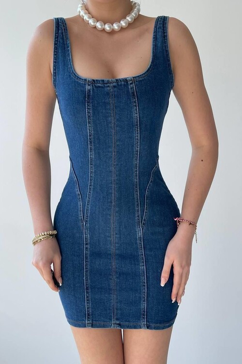 Zippe Detaylı Denim Elbise