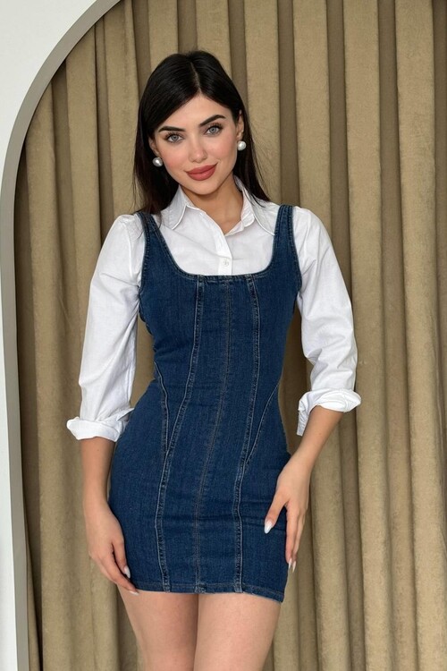 Zippe Detaylı Denim Elbise