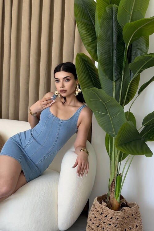 Zippe Detaylı Denim Elbise