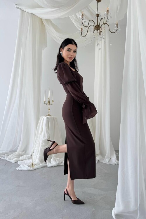 Hare Kolları Fırfır Detaylı Elbise