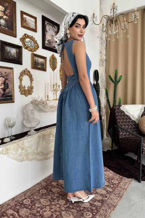 Jere Sırt Dekolte Detaylı Denim Elbise