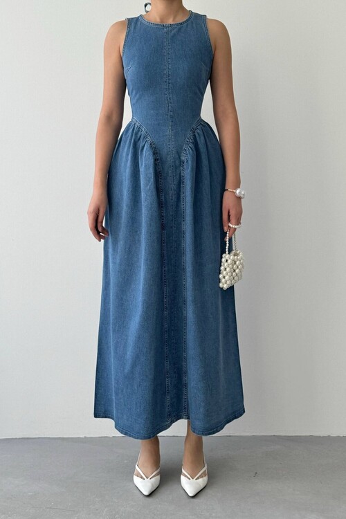 Jere Sırt Dekolte Detaylı Denim Elbise