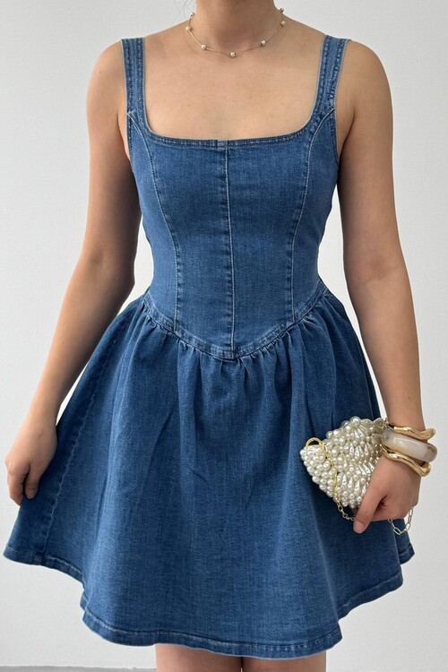 Rez Fiyonk Detaylı Denım Elbise