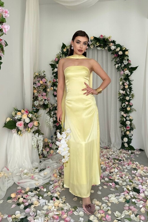 Ulsez Straplez Şal Detaylı Elbise